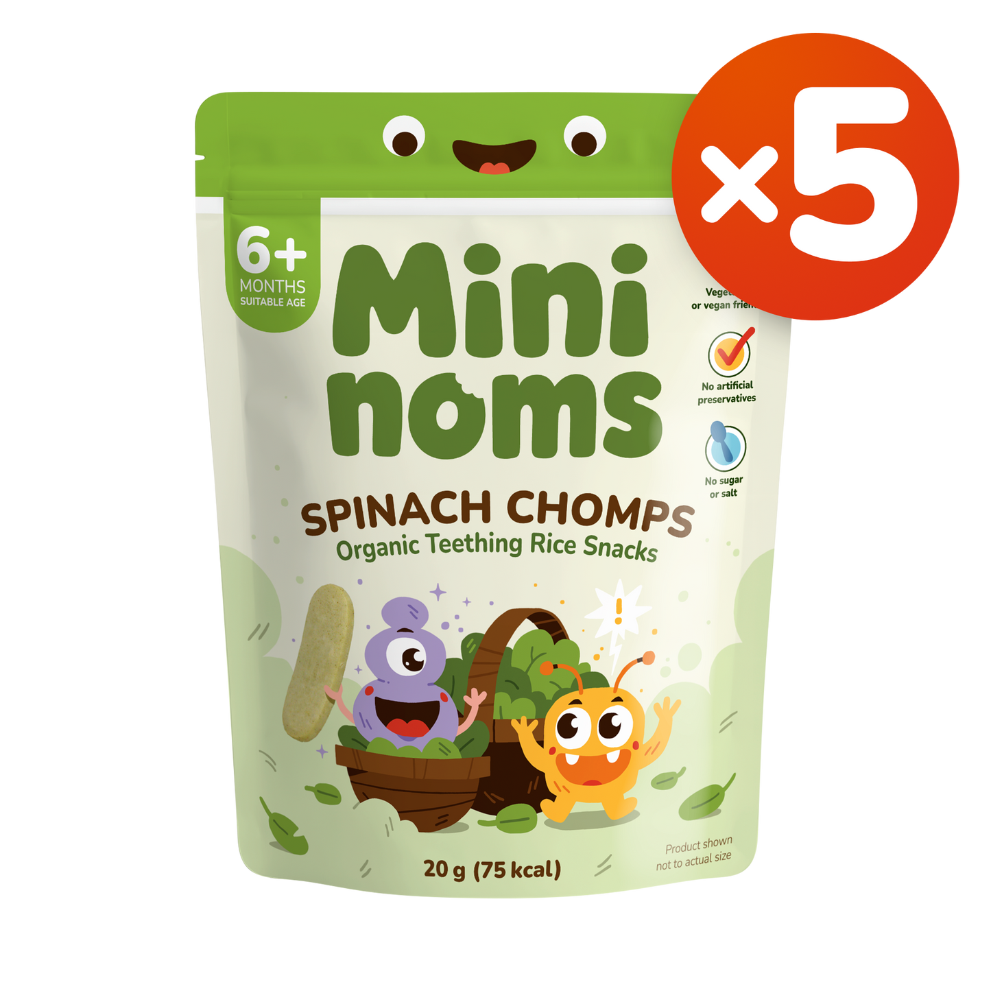 [Pack of 5] Mininoms Spinach Chomps - Organic Teething Rice Snacks