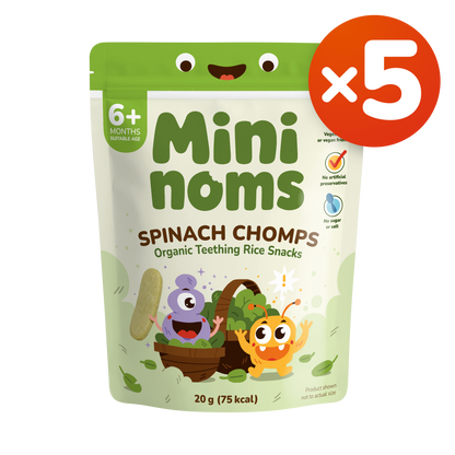 [Pack of 5] Mininoms Spinach Chomps - Organic Teething Rice Snacks