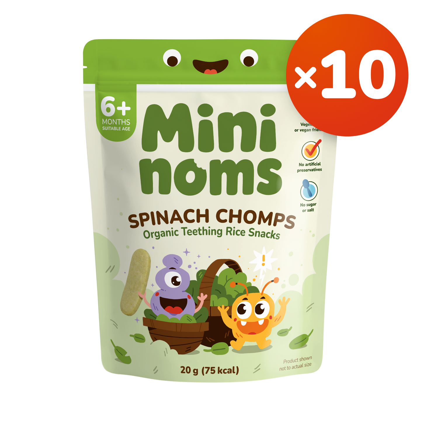 [Pack of 10] Mininoms Spinach Chomps - Organic Teething Rice Snacks