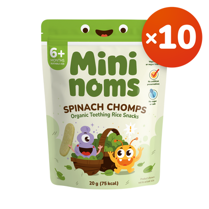 [Pack of 10] Mininoms Spinach Chomps - Organic Teething Rice Snacks