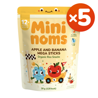 [Pack of 5] Mininoms Apple & Banana Mega Sticks - Organic Rice Snacks