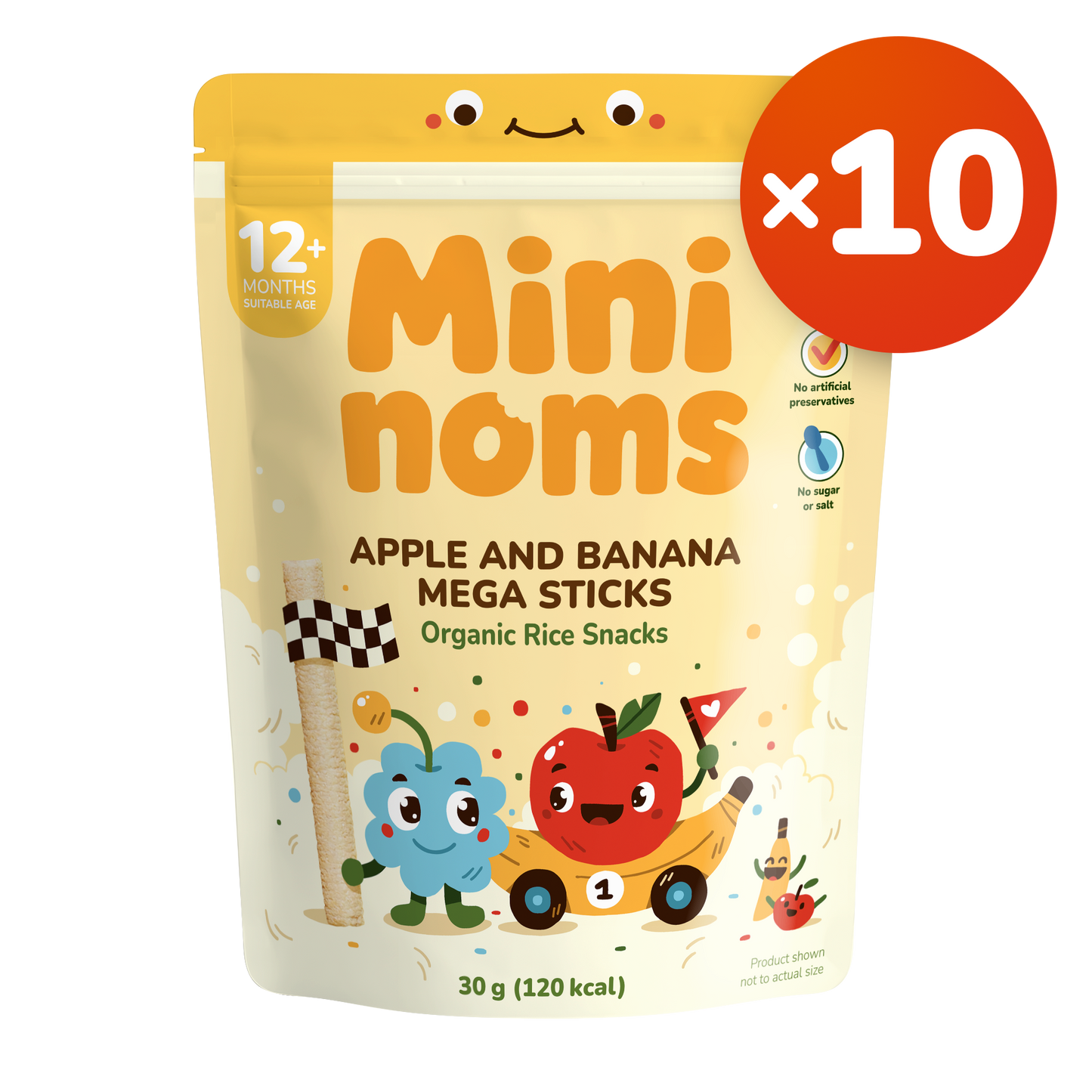 [Pack of 10] Mininoms Apple & Banana Mega Sticks - Organic Rice Snacks