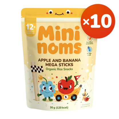 [Pack of 10] Mininoms Apple & Banana Mega Sticks - Organic Rice Snacks