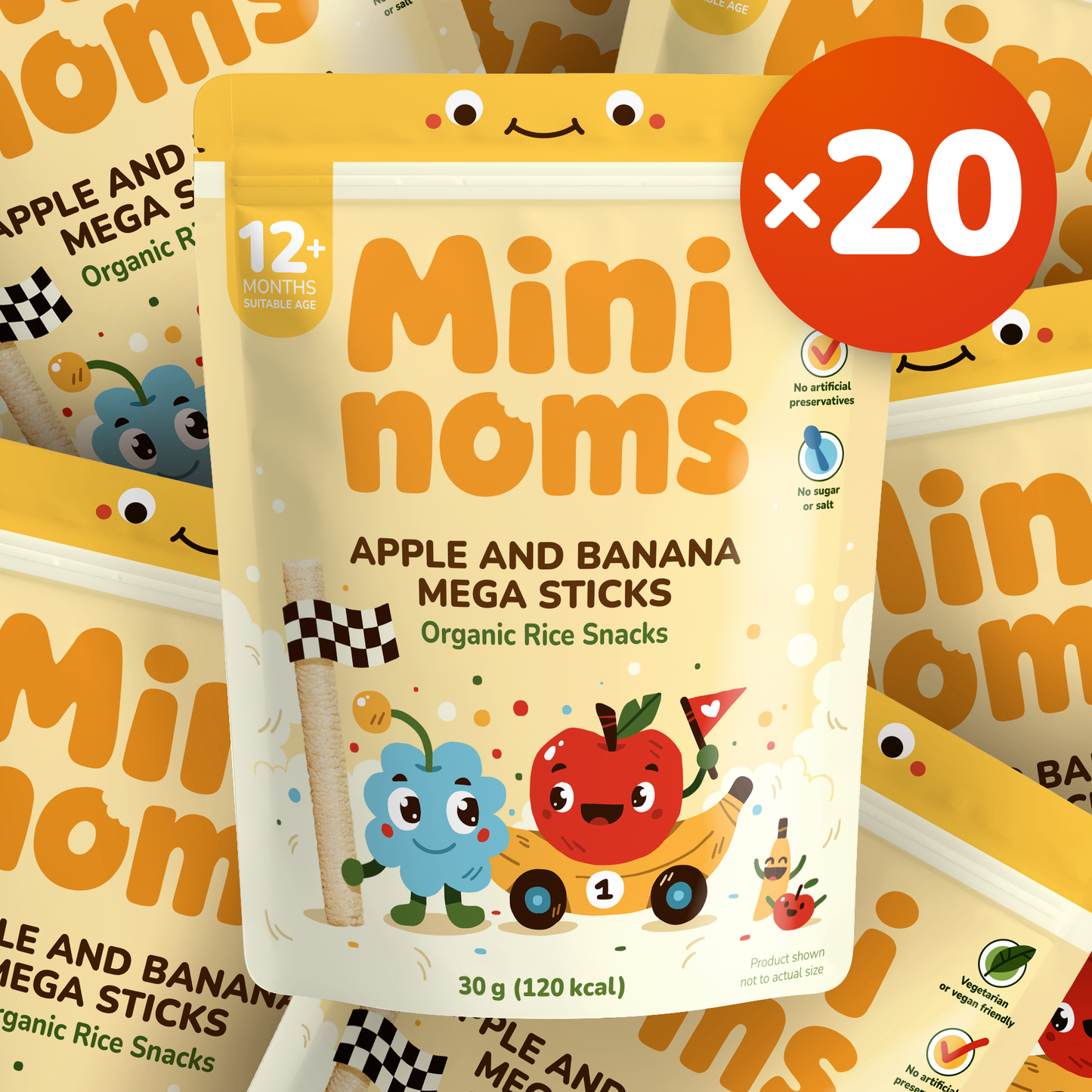 [Box of 20] Mininoms Apple & Banana Mega Sticks - Organic Rice Snacks