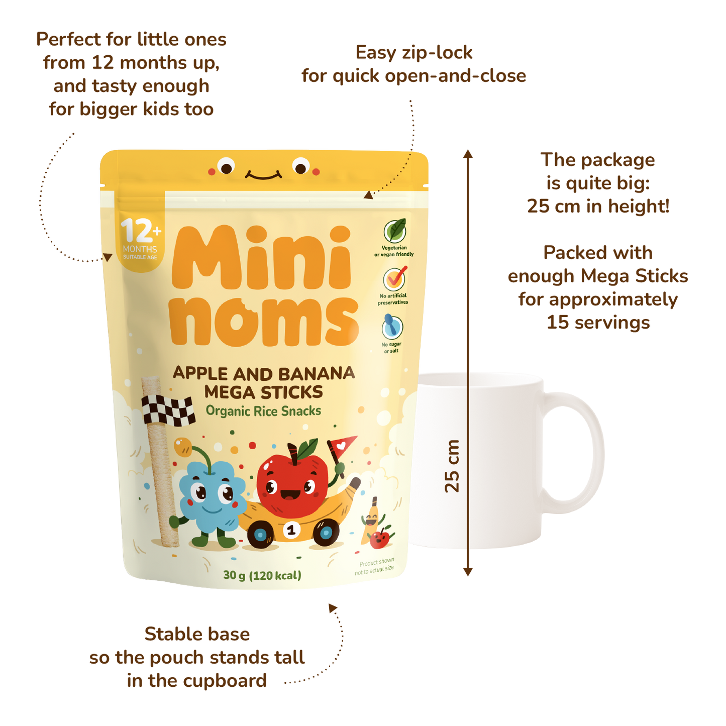 [Pack of 5] Mininoms Apple & Banana Mega Sticks - Organic Rice Snacks