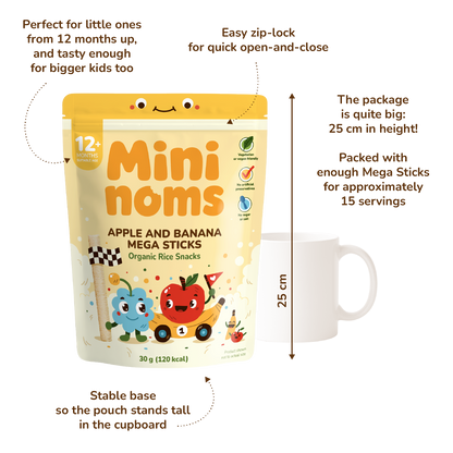 [Pack of 5] Mininoms Apple & Banana Mega Sticks - Organic Rice Snacks